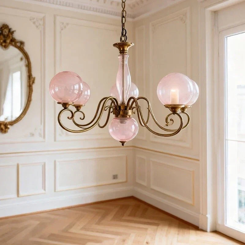 Curved Chandelier in rose brass for Dining Room by AUVIELIGHT, 5+1 heads D 65cm x H 45cm / ∅ 25.6" x H 17.7" / Antique Brass & Pink