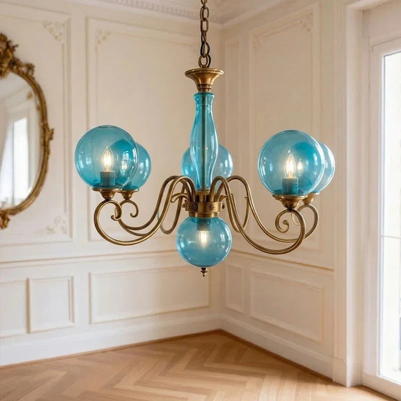 Curved Chandelier in rose brass for Dining Room by AUVIELIGHT, 5+1 heads D 65cm x H 45cm / ∅ 25.6" x H 17.7" / Antique Brass & Blue
