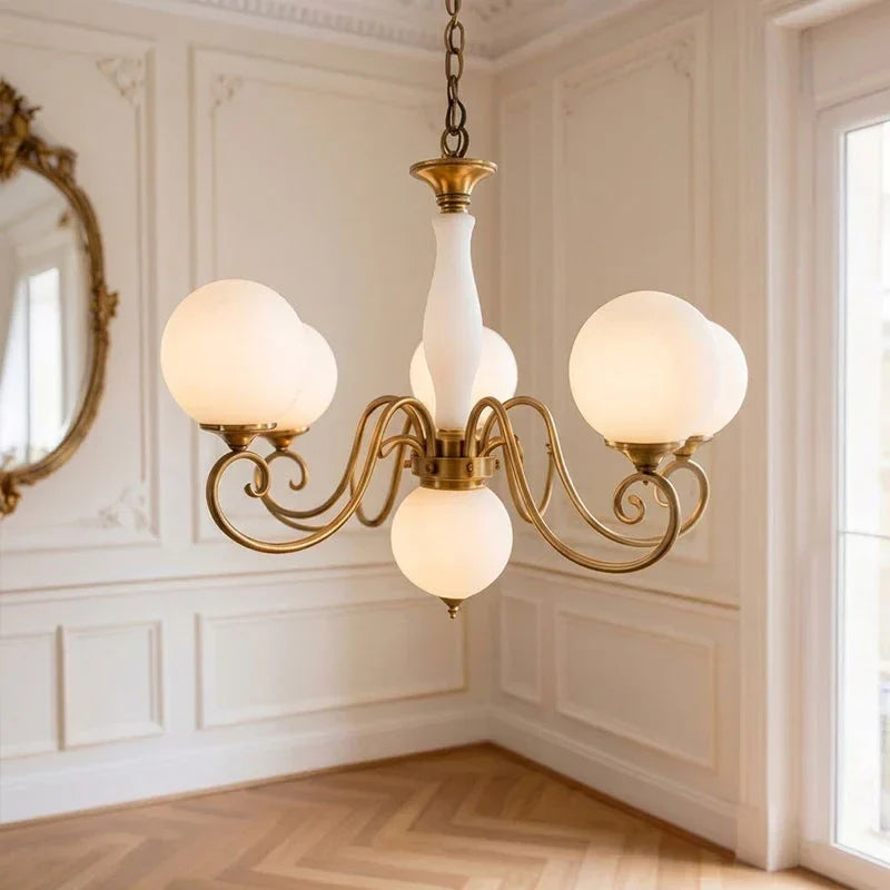 Curved Chandelier in rose brass for Dining Room by AUVIELIGHT, 5+1 heads D 65cm x H 45cm / ∅ 25.6" x H 17.7" / Antique Brass & White
