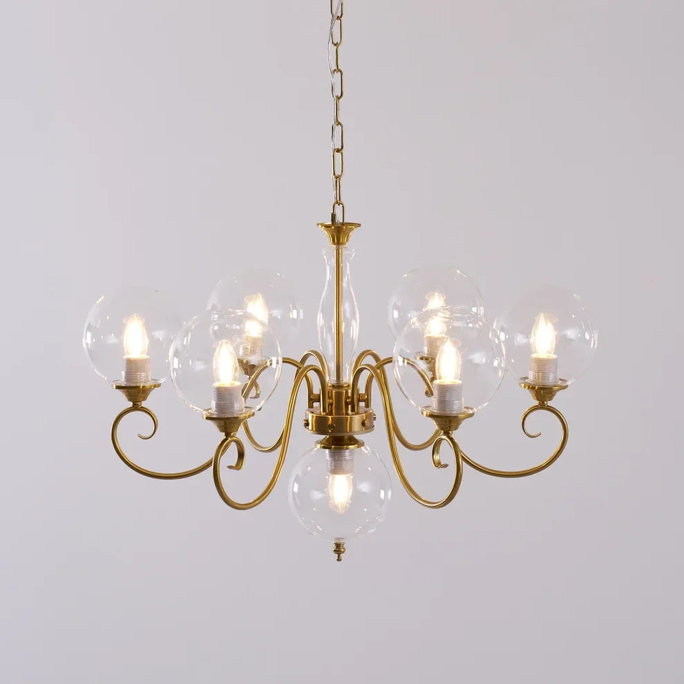 Curved Chandelier in rose brass for Dining Room by AUVIELIGHT, 6+1 heads D 65cm x H 45cm / ∅ 25.6" x H 17.7" / Antique Brass & Clear