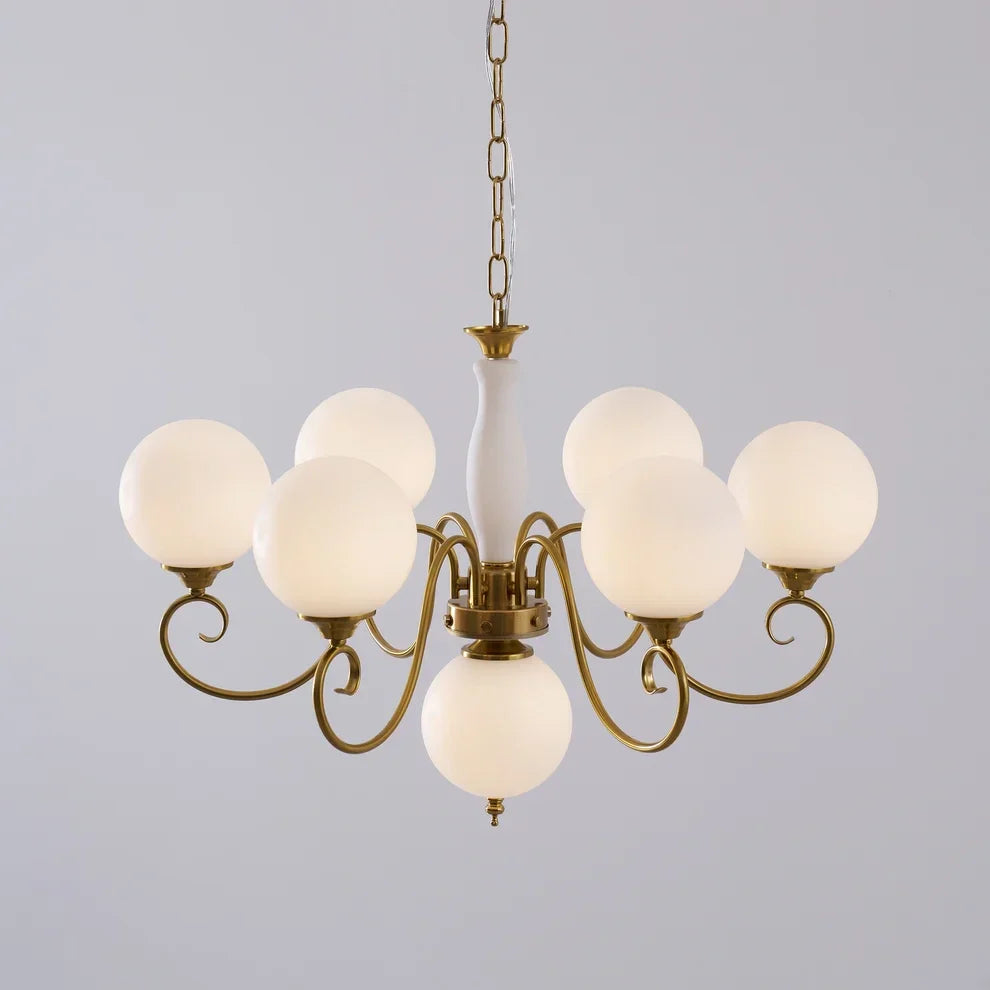 Curved Chandelier in rose brass for Dining Room by AUVIELIGHT, 6+1 heads D 65cm x H 45cm / ∅ 25.6" x H 17.7" / Antique Brass & White
