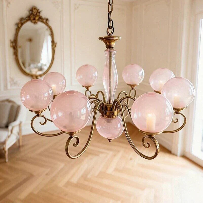 Curved Chandelier in rose brass for Dining Room by AUVIELIGHT, 8+1 heads D 95cm x H 45cm / ∅ 37.4" x H 17.7" / Antique Brass & Pink