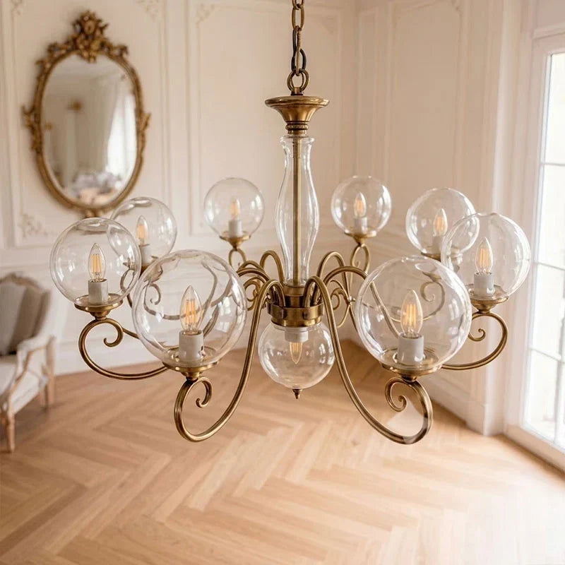 Curved Chandelier in rose brass for Dining Room by AUVIELIGHT, 8+1 heads D 95cm x H 45cm / ∅ 37.4" x H 17.7" / Antique Brass & Clear