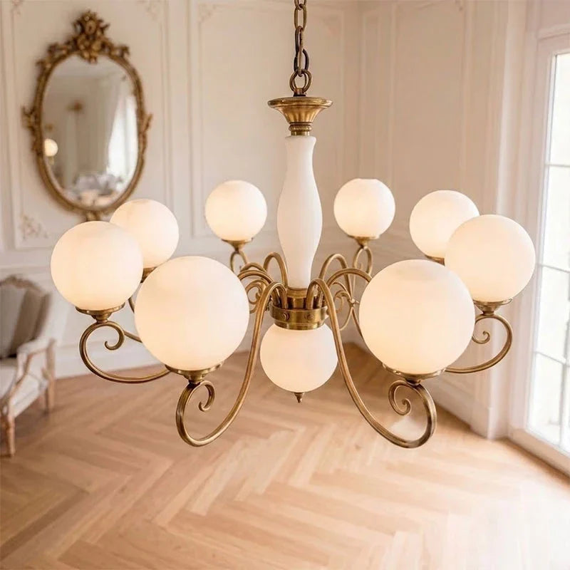 Curved Chandelier in rose brass for Dining Room by AUVIELIGHT, 8+1 heads D 95cm x H 45cm / ∅ 37.4" x H 17.7" / Antique Brass & White