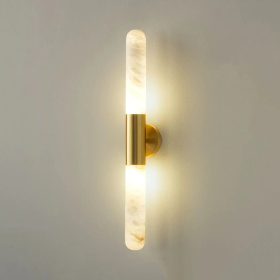 Cylindrical Slim Wall Light in alabaster for Hallway by AUVIELIGHT, Dia 6cm x H 65cm / ∅ 2.4″ x H 25.6″ / Gold & White / Warm White