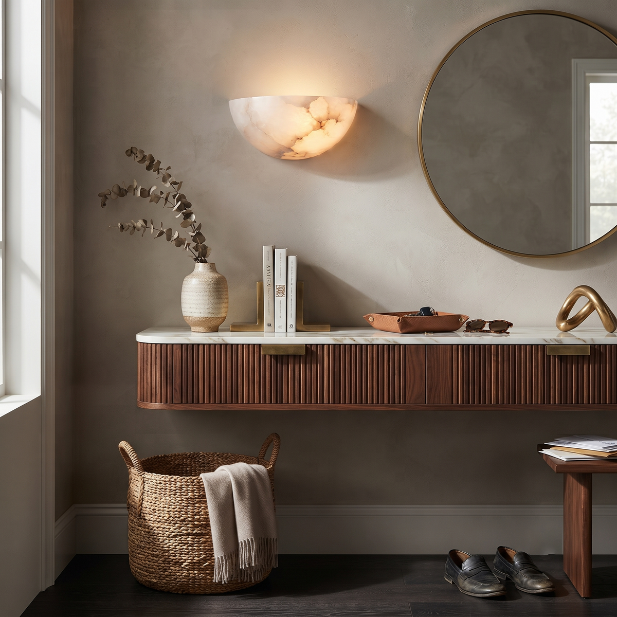 Dolly Bowl Wall Sconce in alabaster for Hallway by AUVIELIGHT
