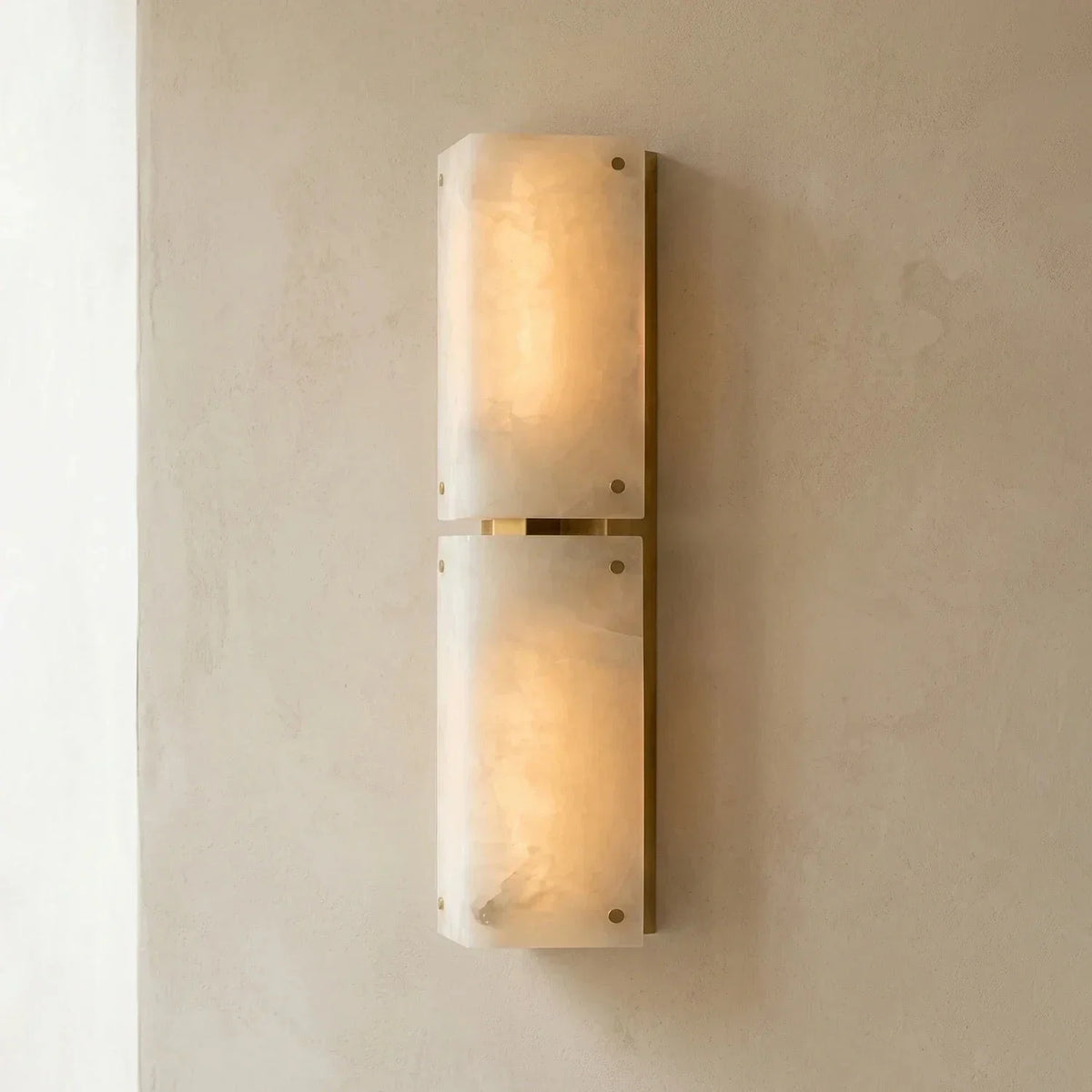 Aurelia Panel Wall Light in alabaster for Hallway by AUVIELIGHT, Dia 12cm x H 61cm / ∅ 4.7″ x H 24″ / Gold & White / Warm White