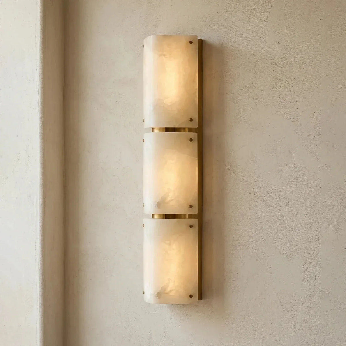 Aurelia Panel Wall Light in alabaster for Hallway by AUVIELIGHT, Dia 12cm x H 92cm / ∅ 4.7″ x H 36.2″ / Gold & White / Warm White