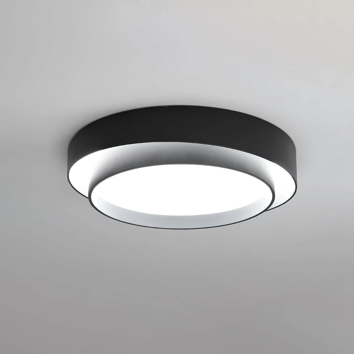 Dual Ring Flush Mount in metal for Low Ceilings by AUVIELIGHT, ∅ 23.6" x H 5.5"/ Dia 60cm x H 14cm / Black / Warm Light
