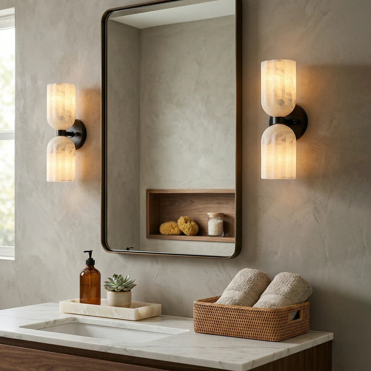 Dual Pillar Wall Sconce in alabaster for Hallway by AUVIELIGHT