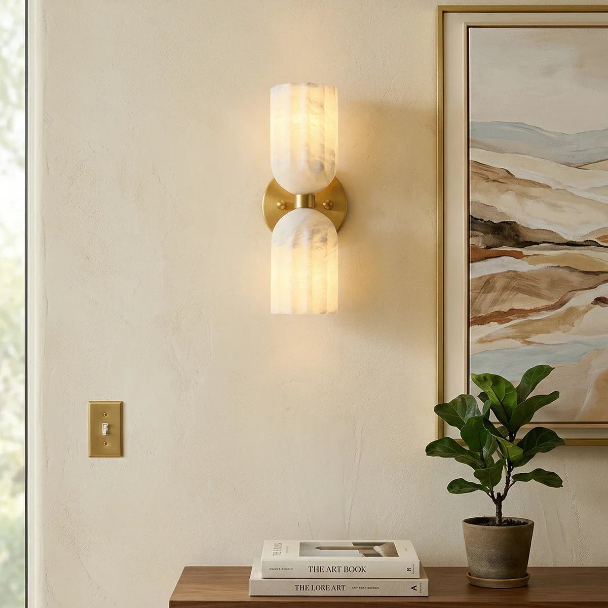 Dual Pillar Wall Sconce in alabaster for Hallway by AUVIELIGHT