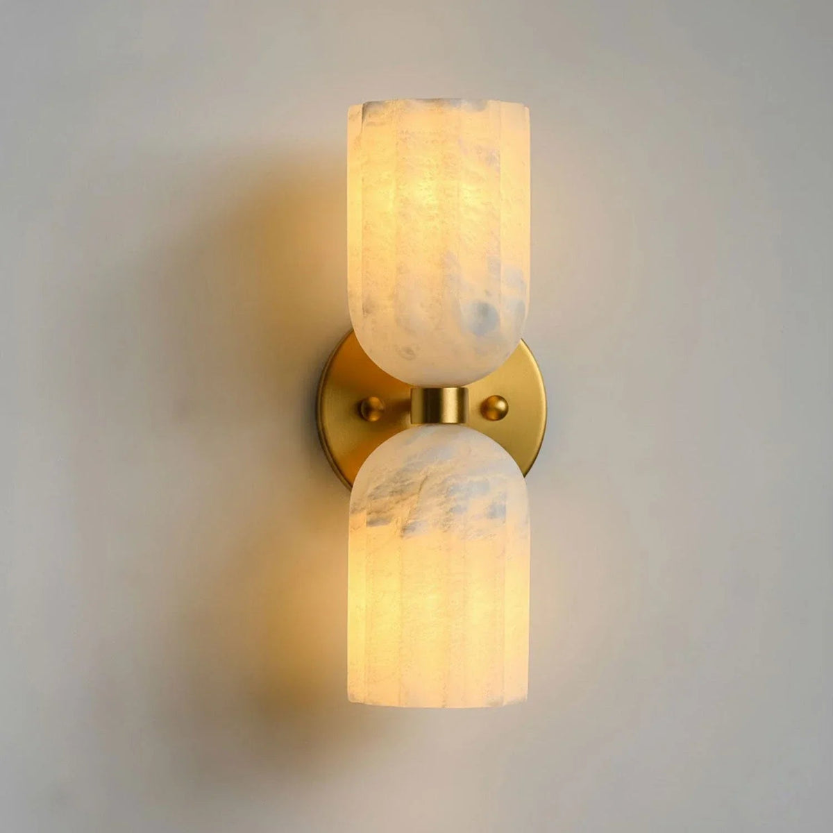 Dual Pillar Wall Sconce in alabaster for Hallway by AUVIELIGHT, Dia 16cm x H 32cm / ∅ 6.3″ x H 12.6" / Gold / Warm Light