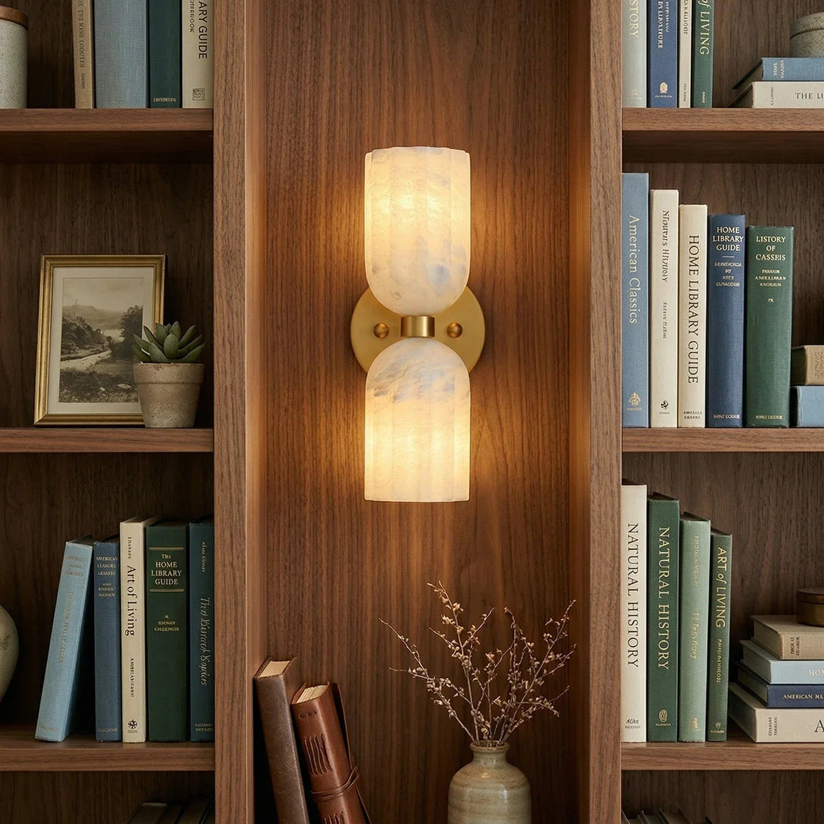 Dual Pillar Wall Sconce in alabaster for Hallway by AUVIELIGHT