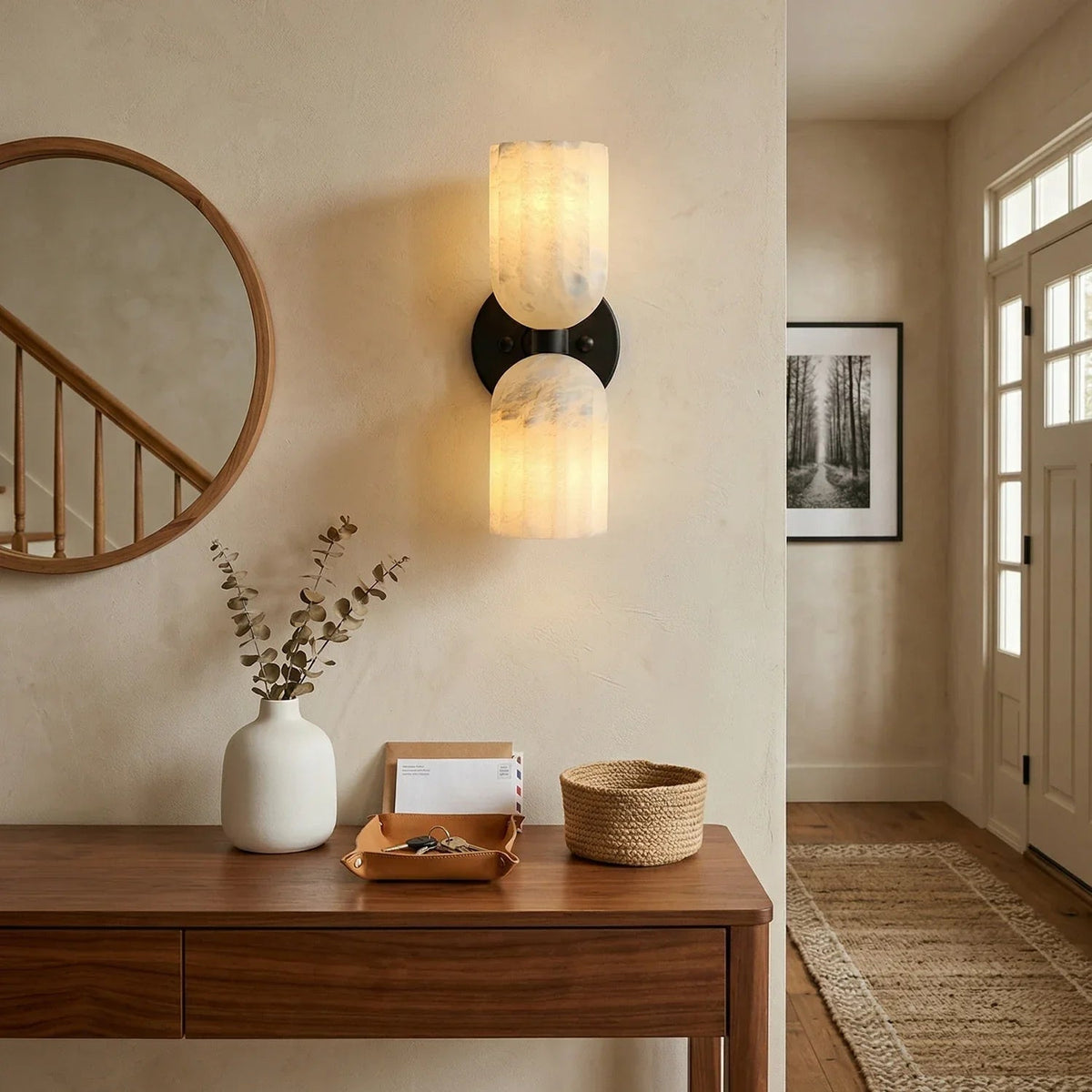 Dual Pillar Wall Sconce in alabaster for Hallway by AUVIELIGHT