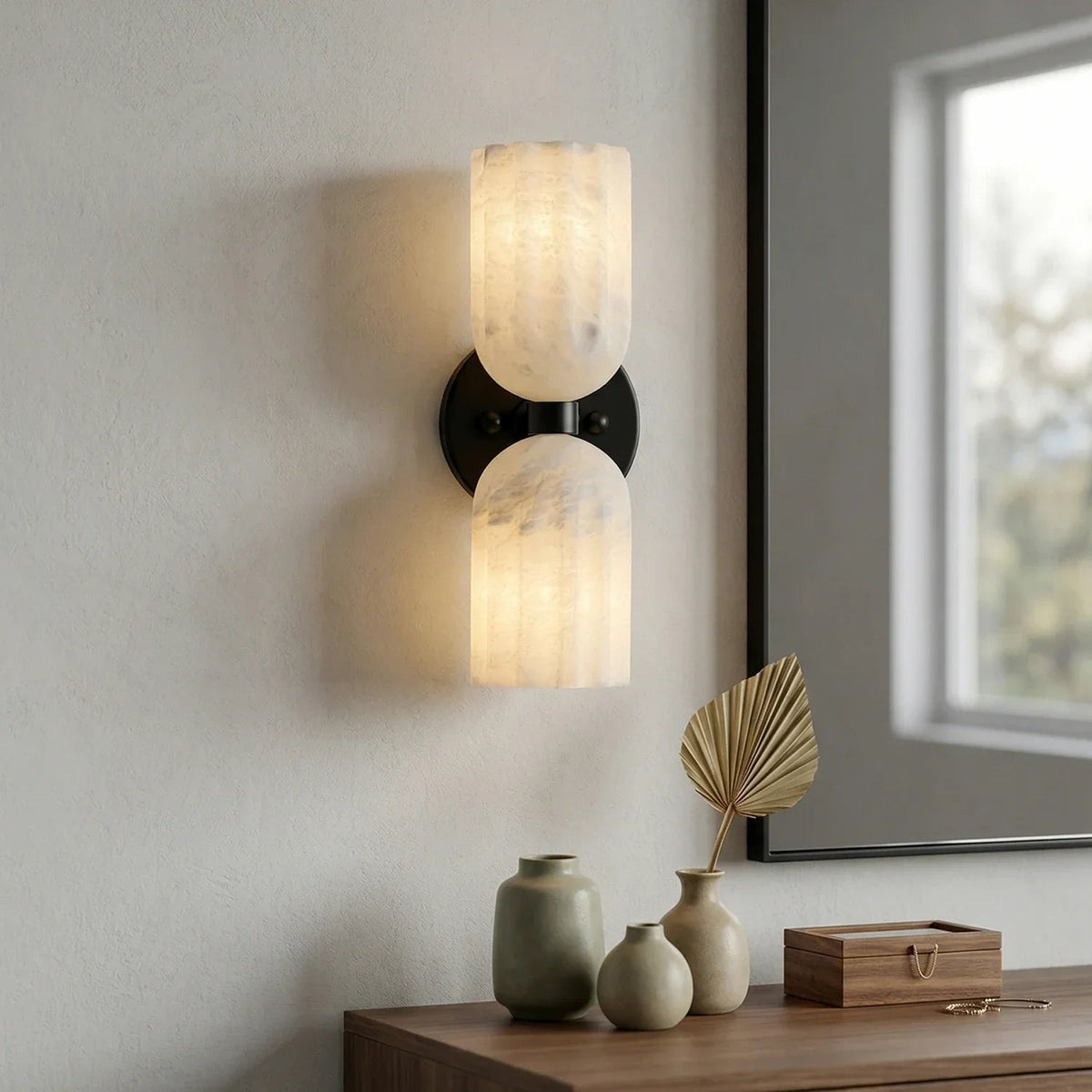 Dual Pillar Wall Sconce in alabaster for Hallway by AUVIELIGHT