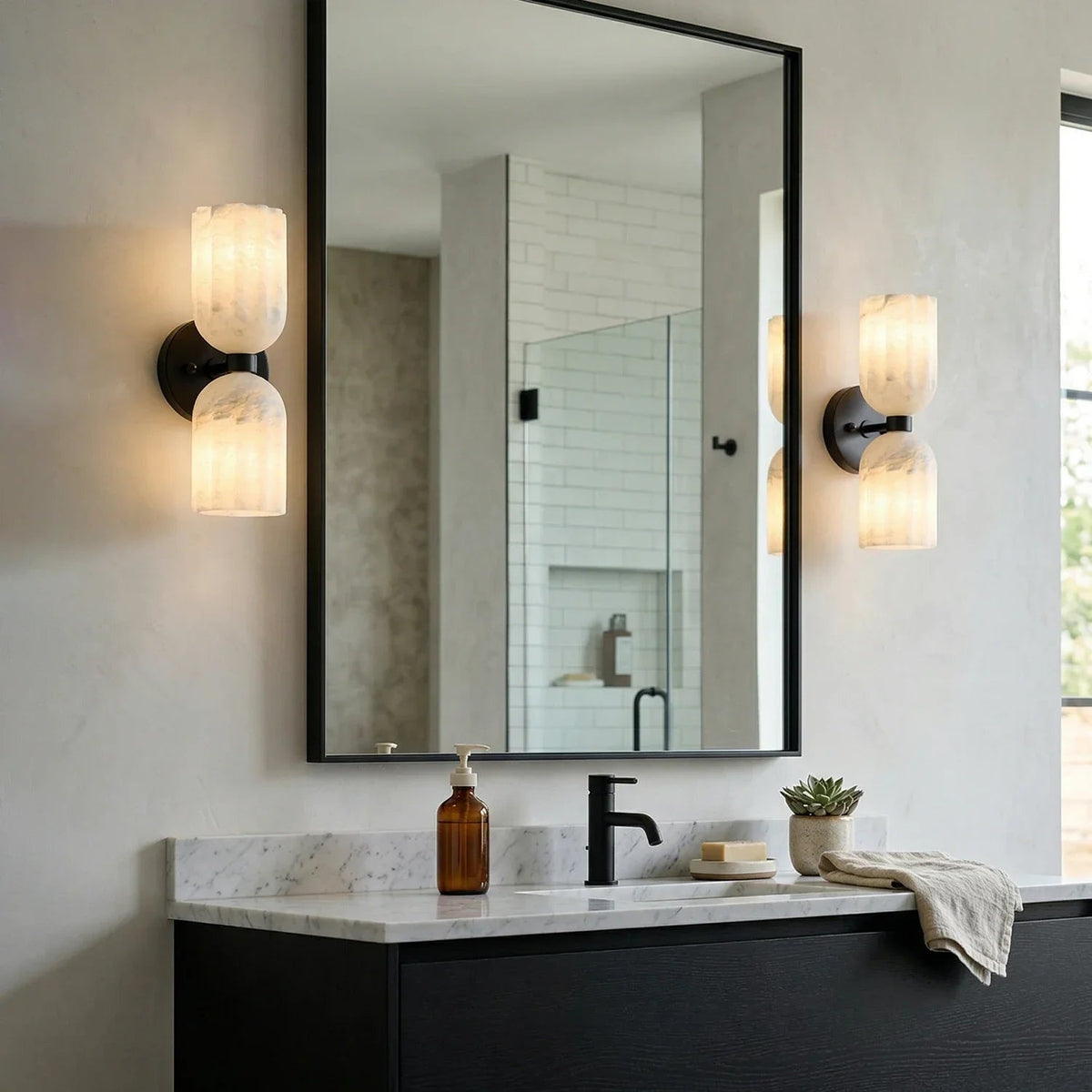 Dual Pillar Wall Sconce in alabaster for Hallway by AUVIELIGHT
