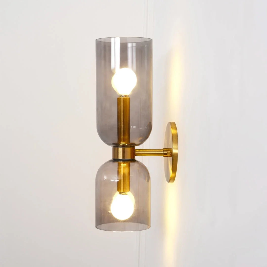 Dual Cylinder Wall Sconce in glass for Hallway by AUVIELIGHT, ∅4.7" x H 13.8" / Dia 12cm x H 35cm / Gold / Smoke Grey