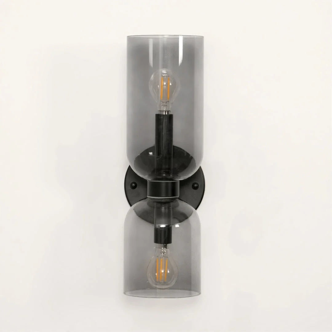 Dual Cylinder Wall Sconce in glass for Hallway by AUVIELIGHT, ∅4.7" x H 13.8" / Dia 12cm x H 35cm / Matt black / Smoke Grey