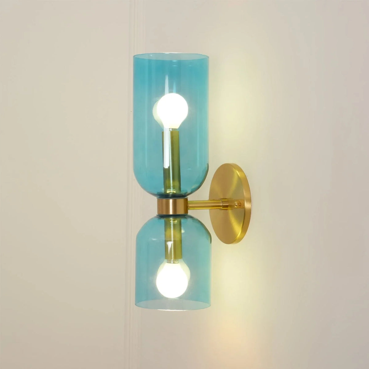 Dual Cylinder Wall Sconce in glass for Hallway by AUVIELIGHT, ∅4.7" x H 13.8" / Dia 12cm x H 35cm / Gold / Blue