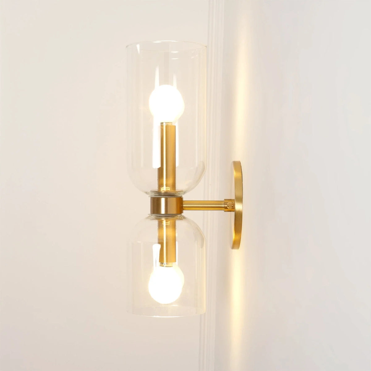 Dual Cylinder Wall Sconce in glass for Hallway by AUVIELIGHT, ∅4.7" x H 13.8" / Dia 12cm x H 35cm / Gold / Clear
