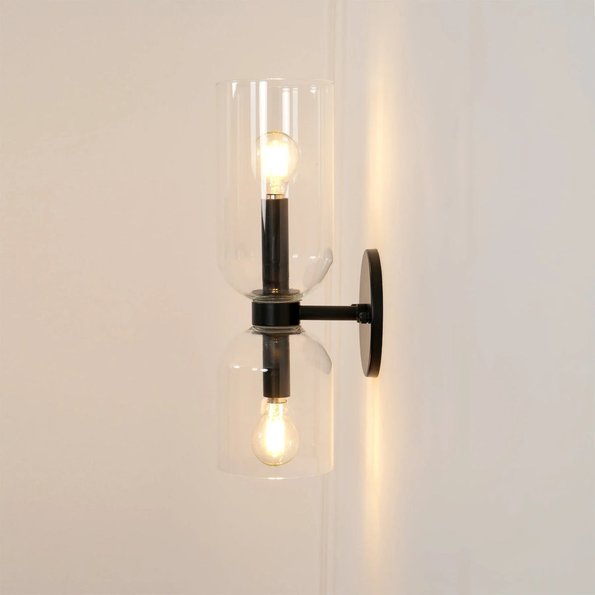 Dual Cylinder Wall Sconce in glass for Hallway by AUVIELIGHT, ∅4.7" x H 13.8" / Dia 12cm x H 35cm / Matt black / Clear