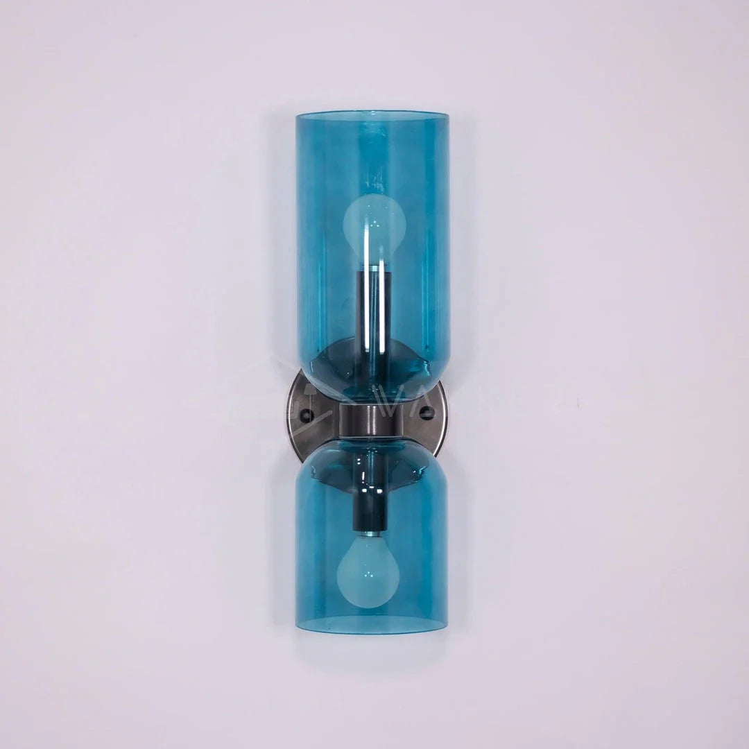 Dual Cylinder Wall Sconce in glass for Hallway by AUVIELIGHT, ∅4.7" x H 13.8" / Dia 12cm x H 35cm / Matt black / Blue