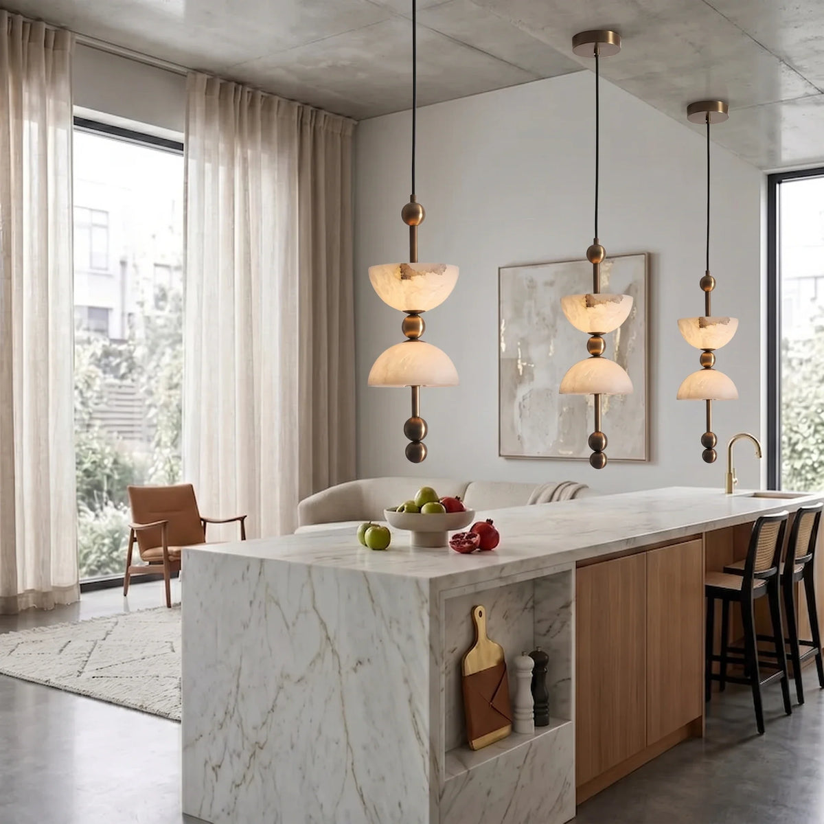 Dual Hemisphere Pendant Light in alabaster for Kitchen Island by AUVIELIGHT