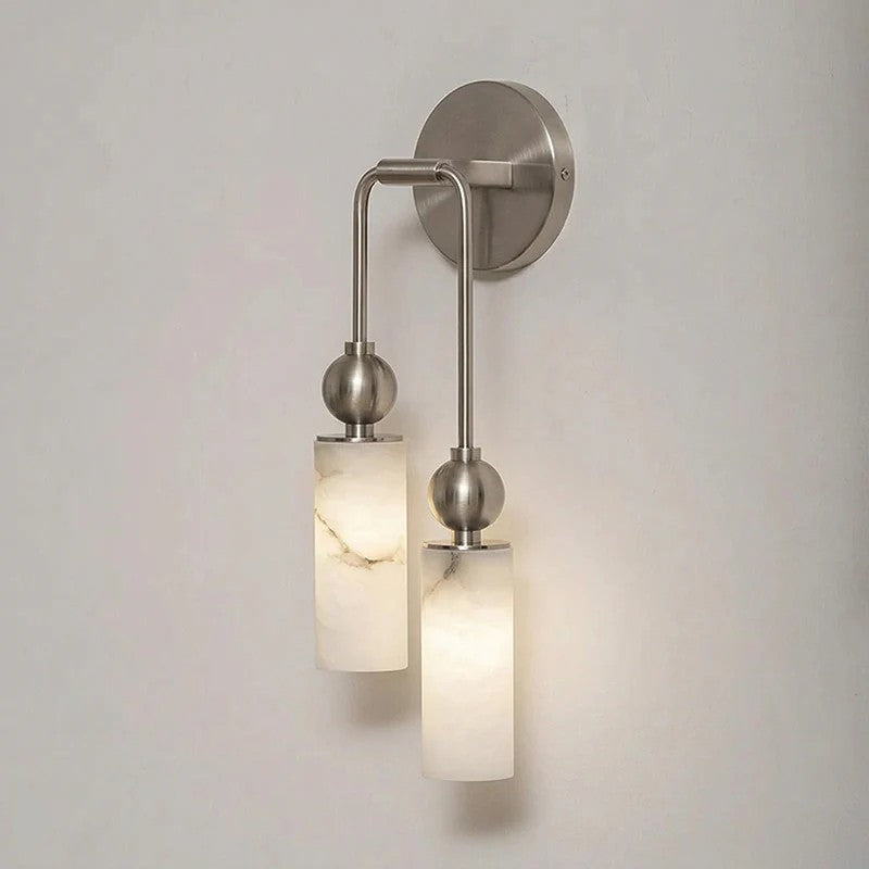 Duo Wall Sconce in alabaster for Hallway by AUVIELIGHT, 2 heads Left : L 5.9″ x W 2.8″ x H 17.7″ / Nickel color & White