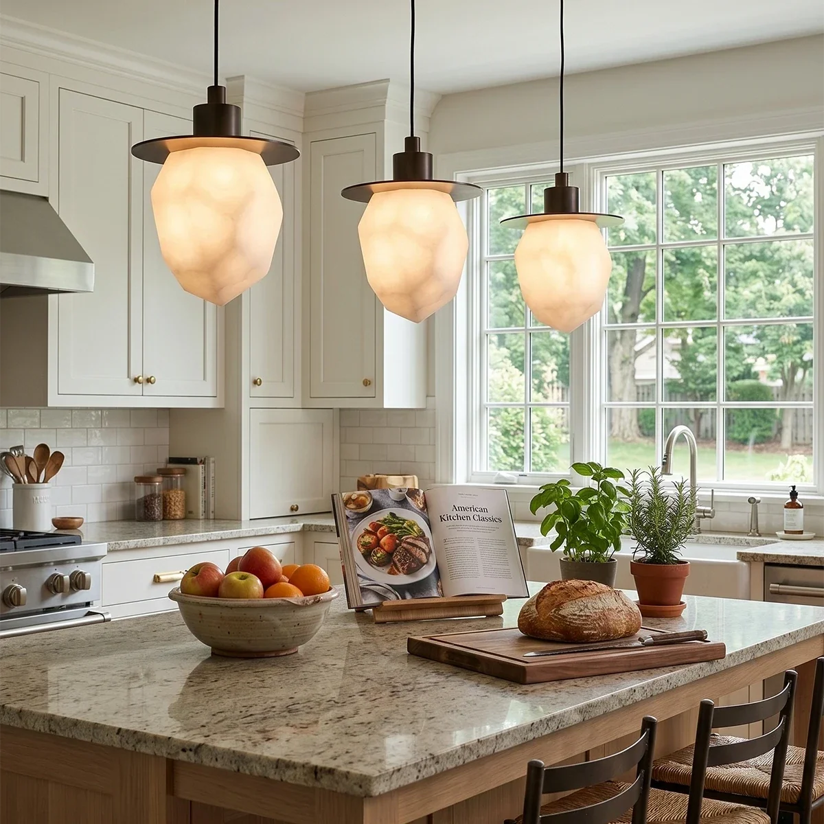 Faceted Pendant Light in alabaster for Kitchen Island by AUVIELIGHT