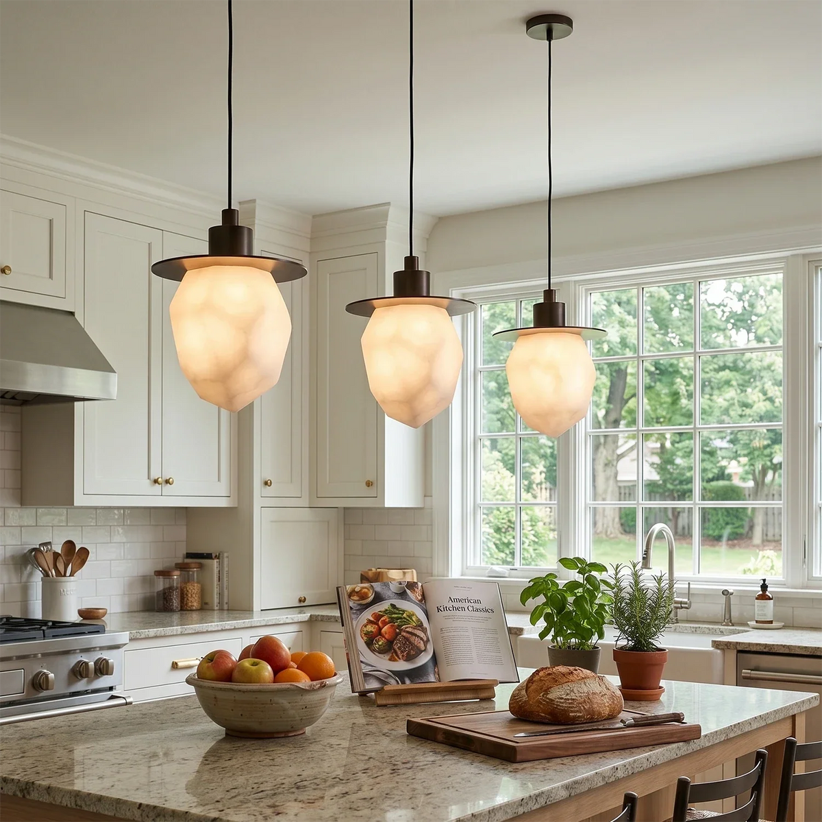 Faceted Pendant Light in alabaster for Kitchen Island by AUVIELIGHT