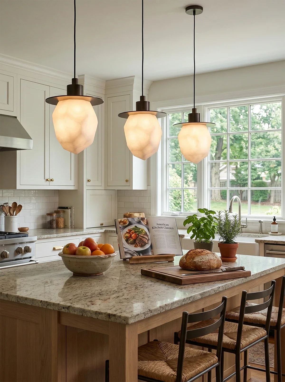 Faceted Pendant Light in alabaster for Kitchen Island by AUVIELIGHT