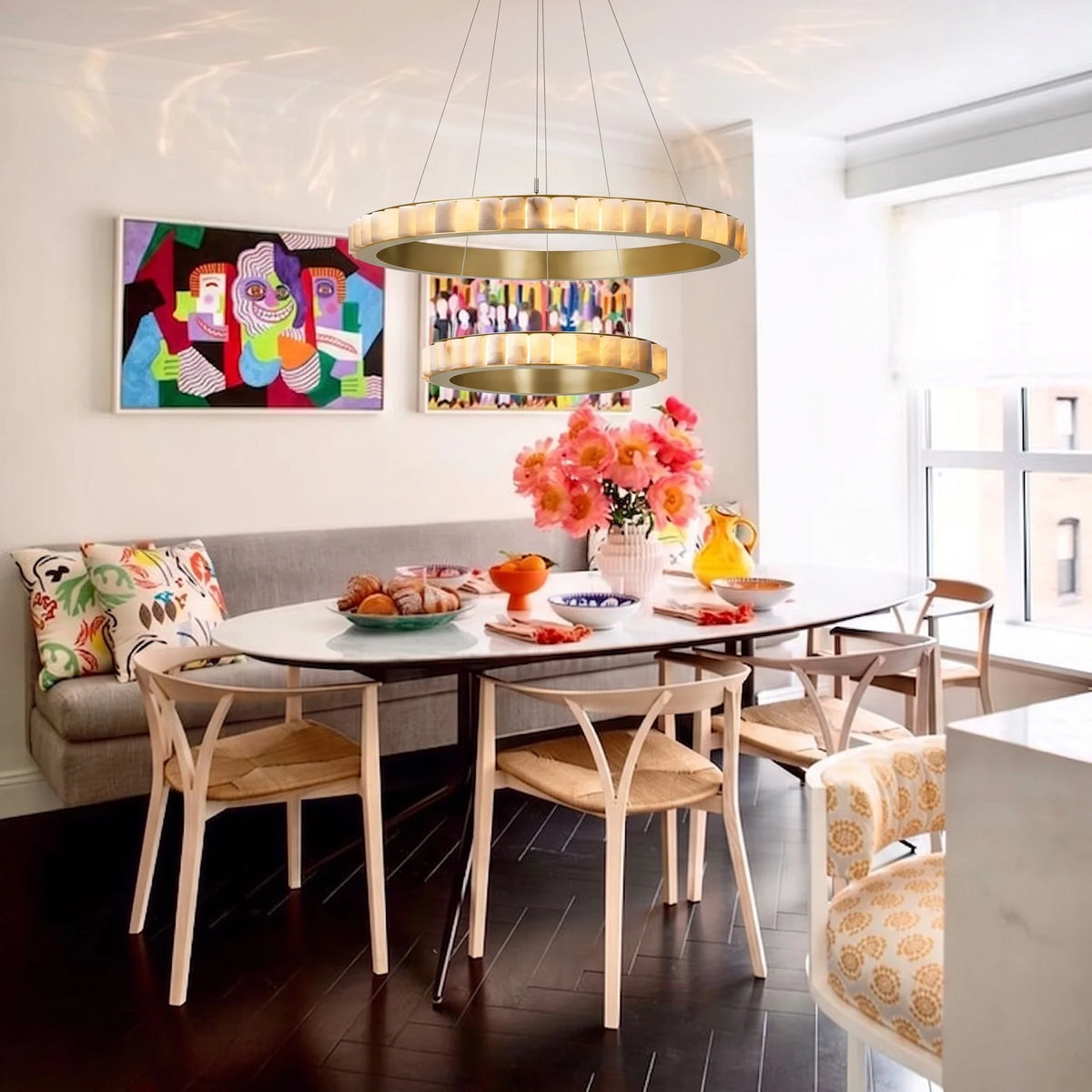 2-Tier Floating Chandelier in alabaster for Dining Room by AUVIELIGHT