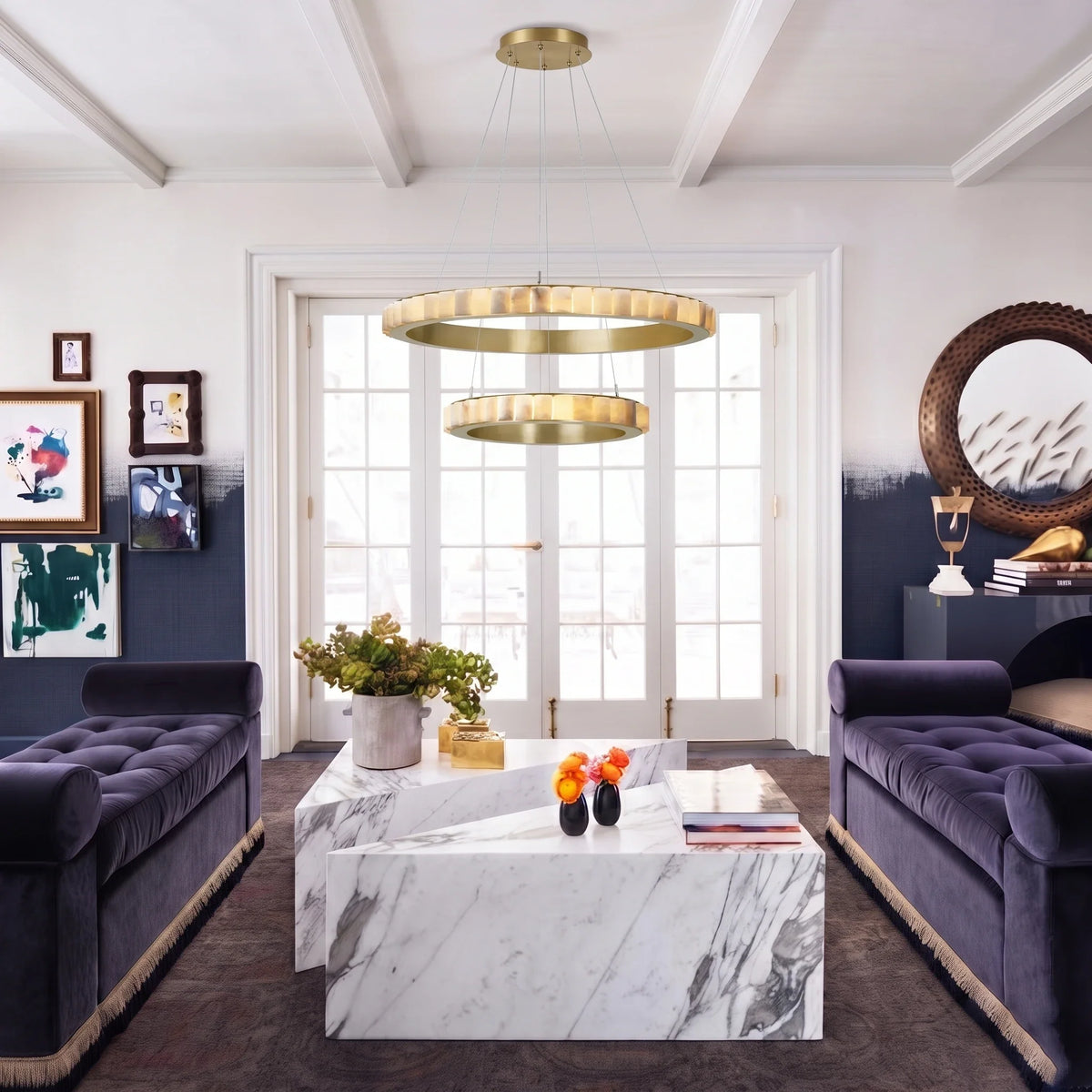 2-Tier Floating Chandelier in alabaster for Dining Room by AUVIELIGHT