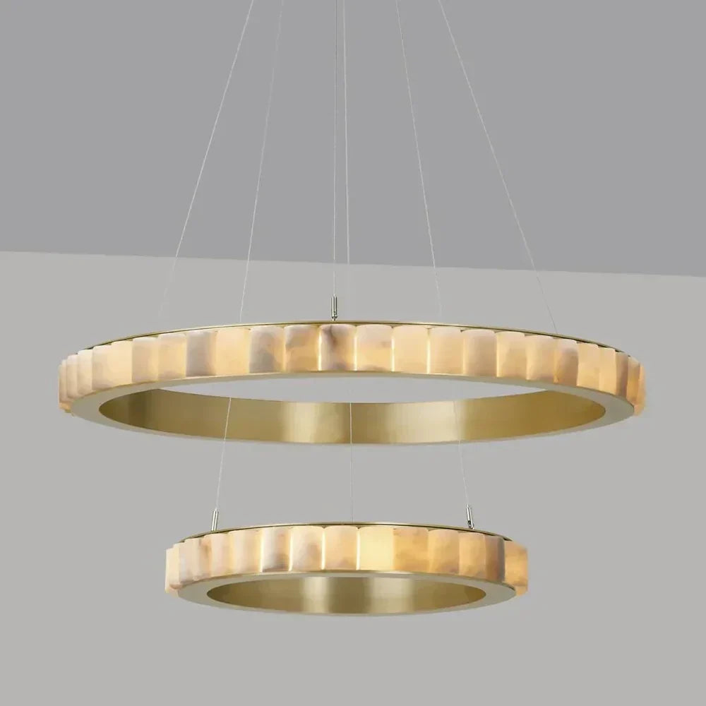 2-Tier Floating Chandelier in alabaster for Dining Room by AUVIELIGHT, Dia 100cm x H 7cm / ∅ 39.4″ x H 2.8″ / Brass & White / Warm Light and 2