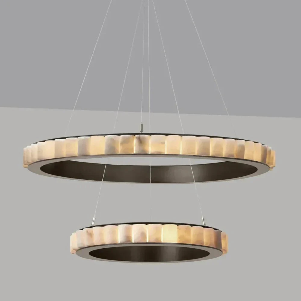 2-Tier Floating Chandelier in alabaster for Dining Room by AUVIELIGHT, Dia 100cm x H 7cm / ∅ 39.4″ x H 2.8″ / Black & White / Warm Light and 2