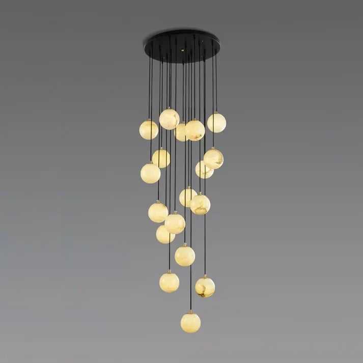 Floating Sphere Pendant Light in stone for Kitchen Island by AUVIELIGHT, 18 heads D 60cm x H 300cm / ∅ 23.6″ x H 118.1″ / Black Canopy + White