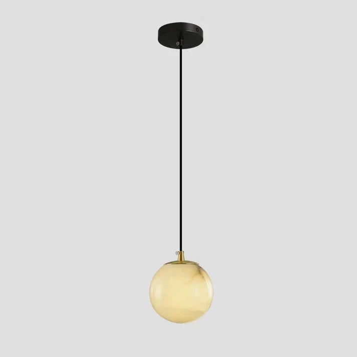 Floating Sphere Pendant Light in stone for Kitchen Island by AUVIELIGHT, D 12cm x H 150cm / ∅ 4.7″ x H 59″ / Black Canopy + White Alabaster
