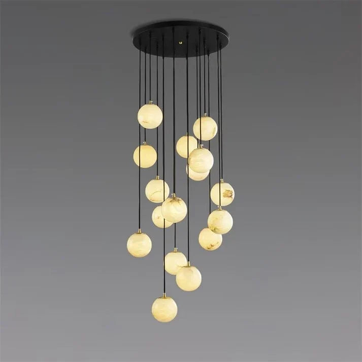 Floating Sphere Pendant Light in stone for Kitchen Island by AUVIELIGHT, 16 heads D 50cm x H 250cm / ∅ 19.7″ x H 98.4″ / Black Canopy + White