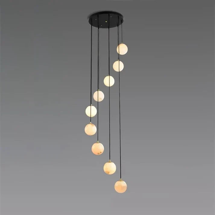 Floating Sphere Pendant Light in stone for Kitchen Island by AUVIELIGHT, 9 heads D 35cm x H 200cm / ∅ 13.8″ x H 78.7″ / Black Canopy + White