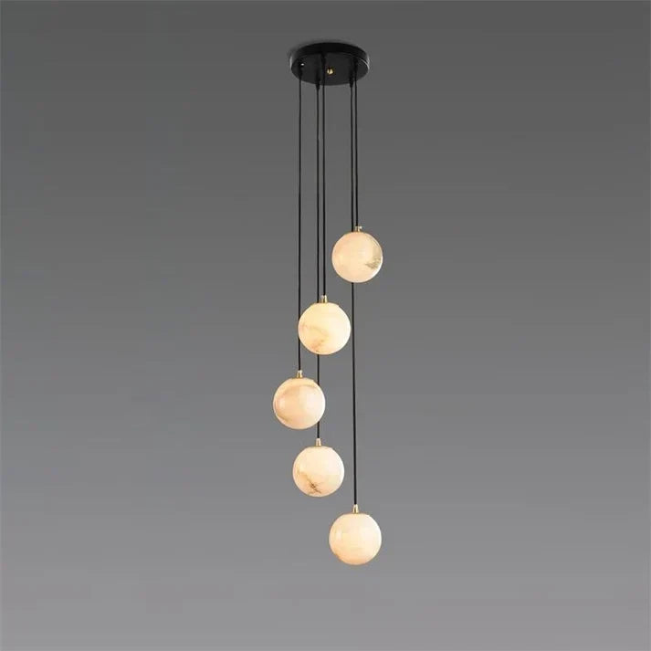 Floating Sphere Pendant Light in stone for Kitchen Island by AUVIELIGHT, 5 heads D 20cm x H 150cm / ∅ 7.9″ x H 59″ / Black Canopy + White