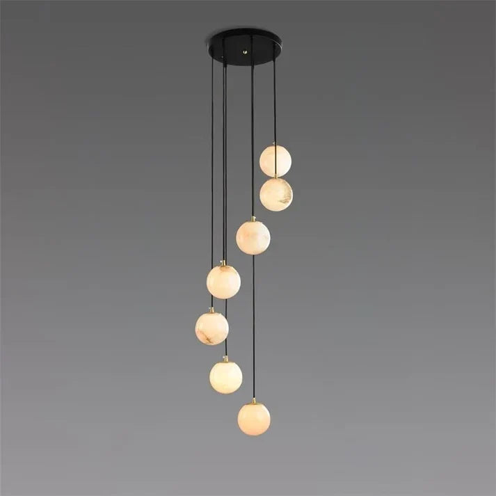 Floating Sphere Pendant Light in stone for Kitchen Island by AUVIELIGHT, 7 heads D 30cm x H 200cm / ∅ 11.8″ x H 78.7″ / Black Canopy + White