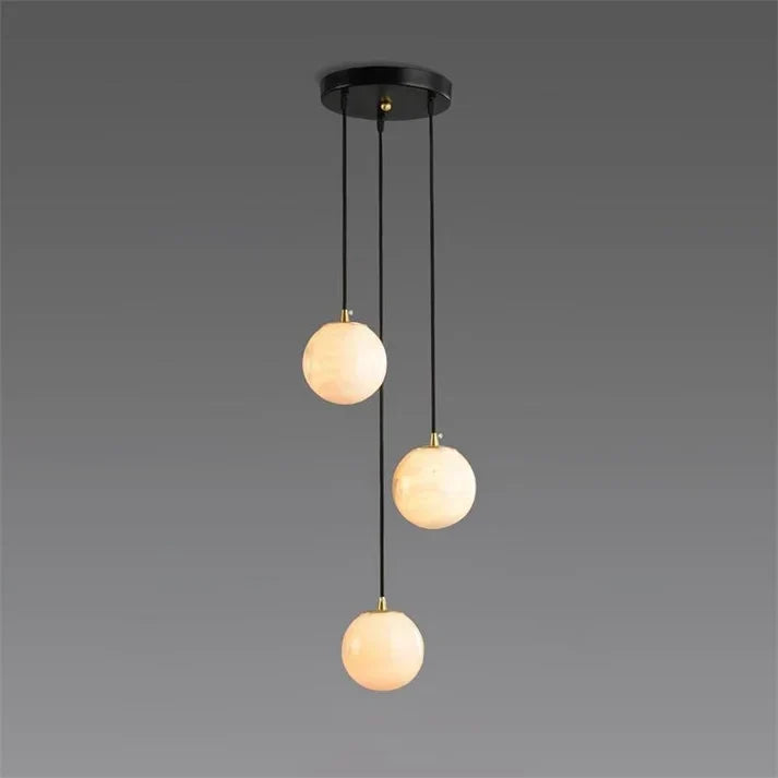 Floating Sphere Pendant Light in stone for Kitchen Island by AUVIELIGHT, 3 heads D 20cm x H 150cm / ∅ 7.9″ x H 59″ / Black Canopy + White
