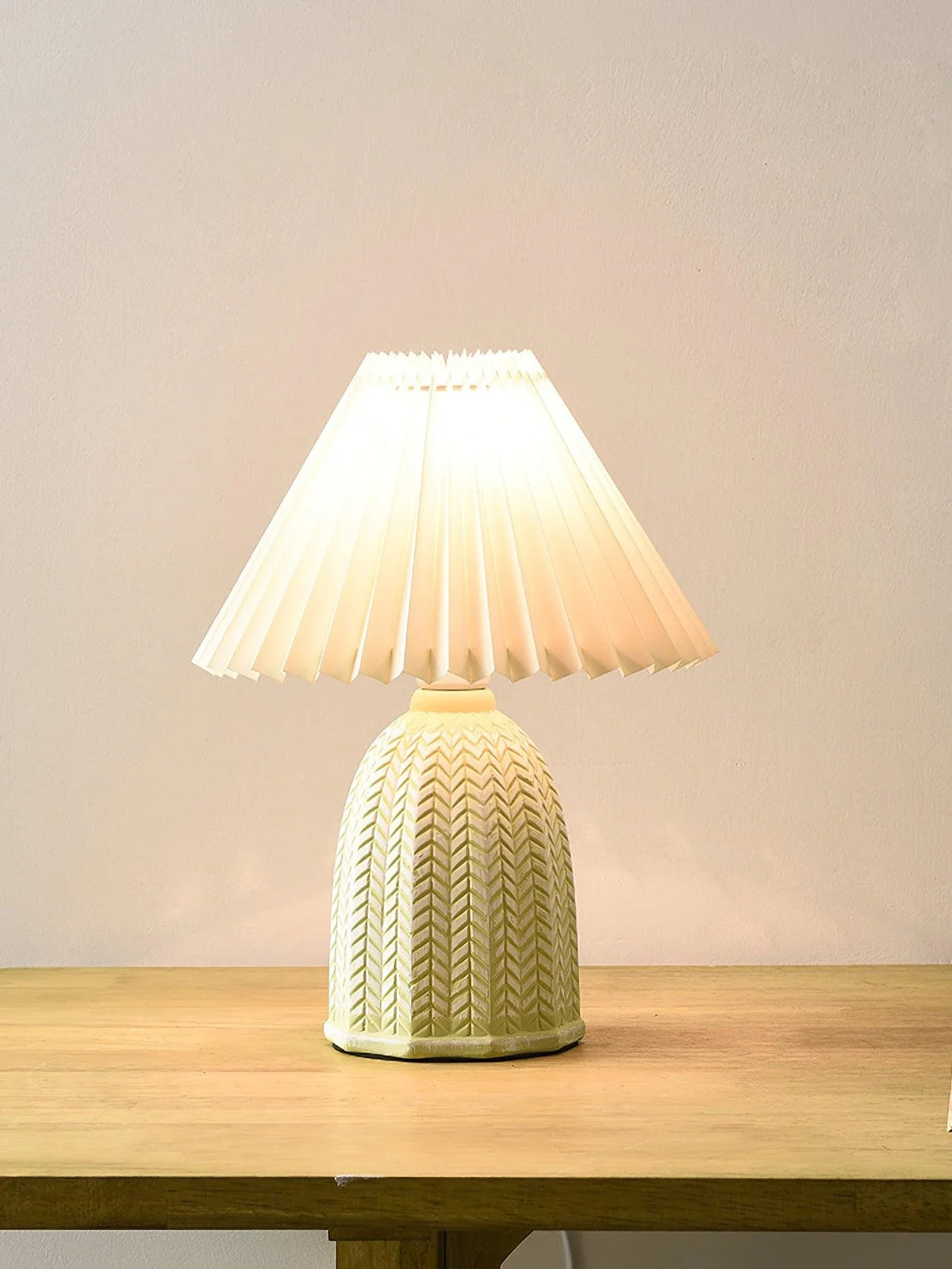 Floral Pleated Table Lamp in ceramic for Living Room by AUVIELIGHT, ∅ 9.4"x H 14.4"/ Dia 24cm x H 36.5cm / Light green+Beige / AU Plug and 3