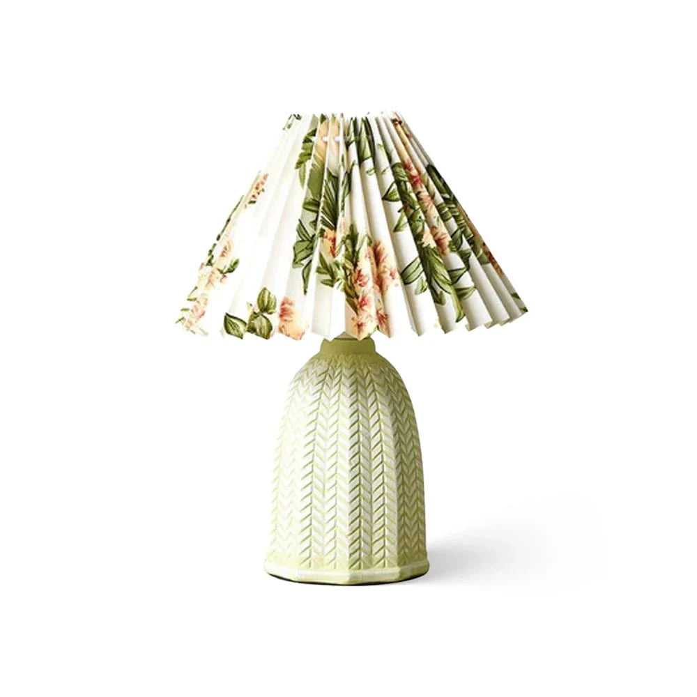 Floral Pleated Table Lamp in ceramic for Living Room by AUVIELIGHT, ∅ 9.4"x H 14.4"/ Dia 24cm x H 36.5cm / Light green+White Printed Pattern /