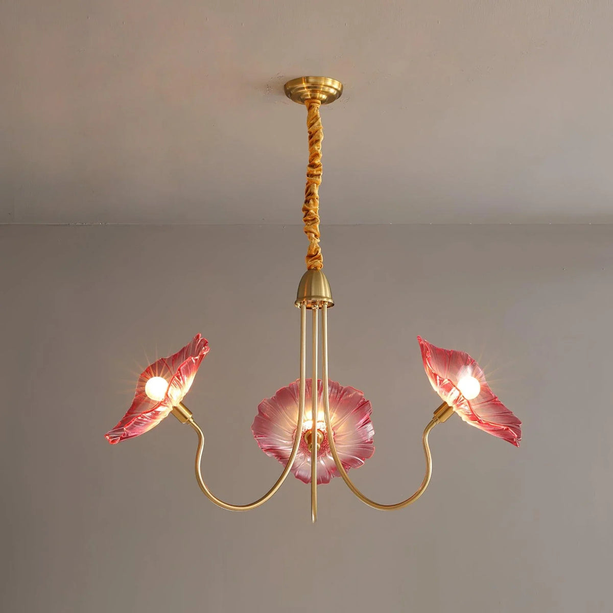 Floral Looped Chandelier in glass for Dining Room by AUVIELIGHT, 3 heads ∅ 35.4" x H 21.7" / Dia 90cm x H 55cm / Gold+Pink