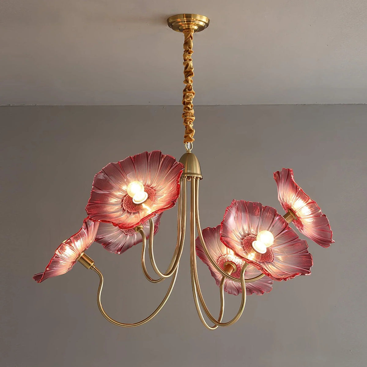 Floral Looped Chandelier in glass for Dining Room by AUVIELIGHT, 6 heads ∅ 35.4" x H 21.7" / Dia 90cm xH 55cm / Gold+Pink