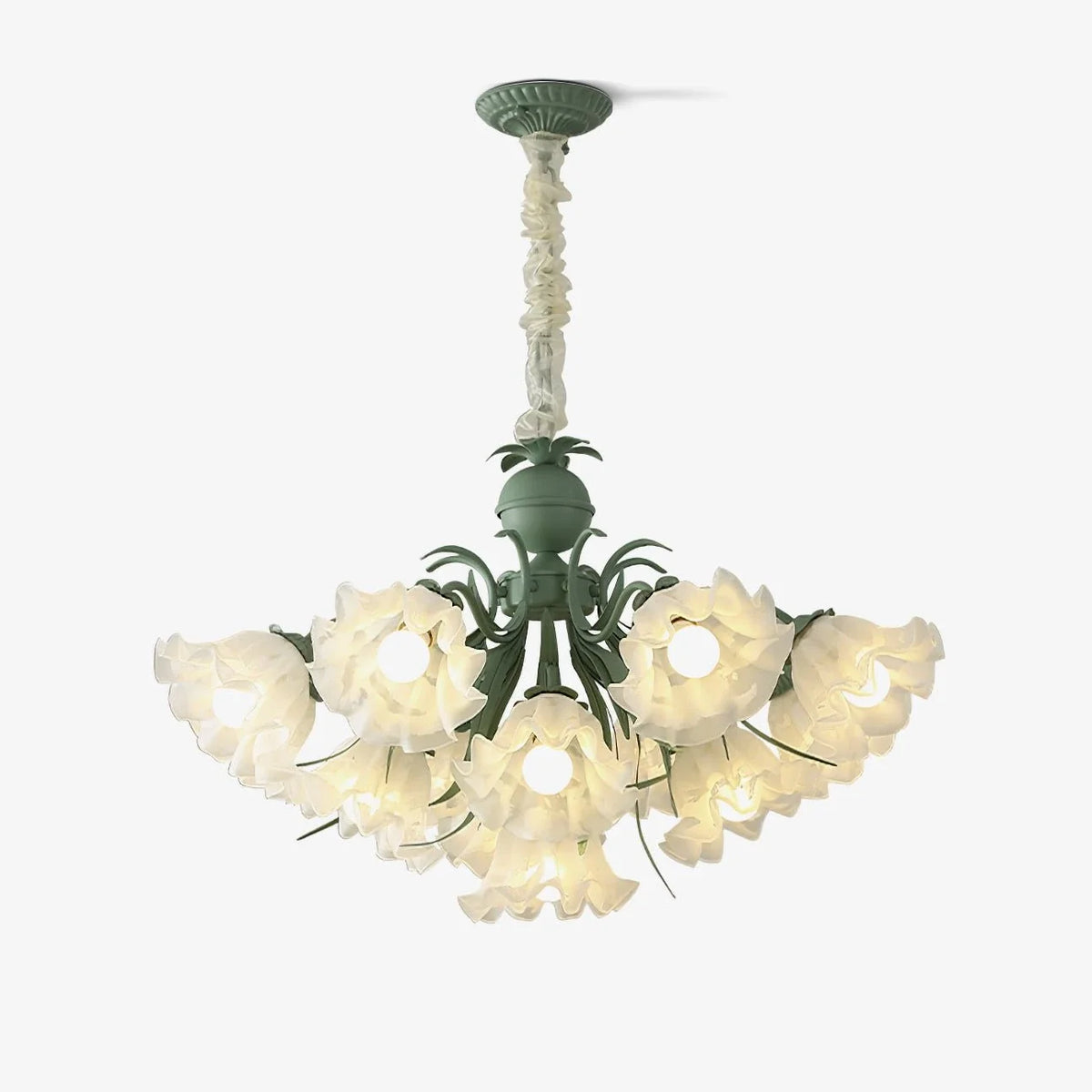 Floral Scalloped Chandelier in metal for Dining Room by AUVIELIGHT, 8 heads ∅ 25.6" x H 12.6"/Dia 65cm x H 32cm / Green & White / Acrylic