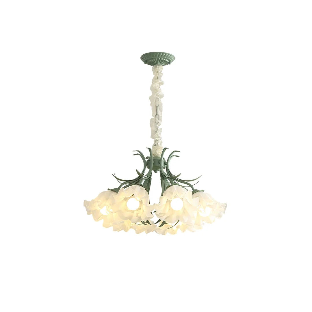 Floral Scalloped Chandelier in metal for Dining Room by AUVIELIGHT, 5 heads ∅ 24.8" x H 12.6"/Dia 63cm x H 32cm / Green & White / Acrylic