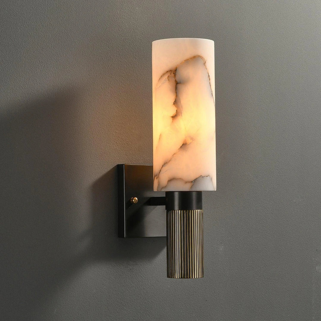 Fluted Cylinder Wall Sconce in alabaster for Hallway by AUVIELIGHT, ∅ 5.1" x H 13.4" / Dia 13cm x H 34cm / Blackened + White