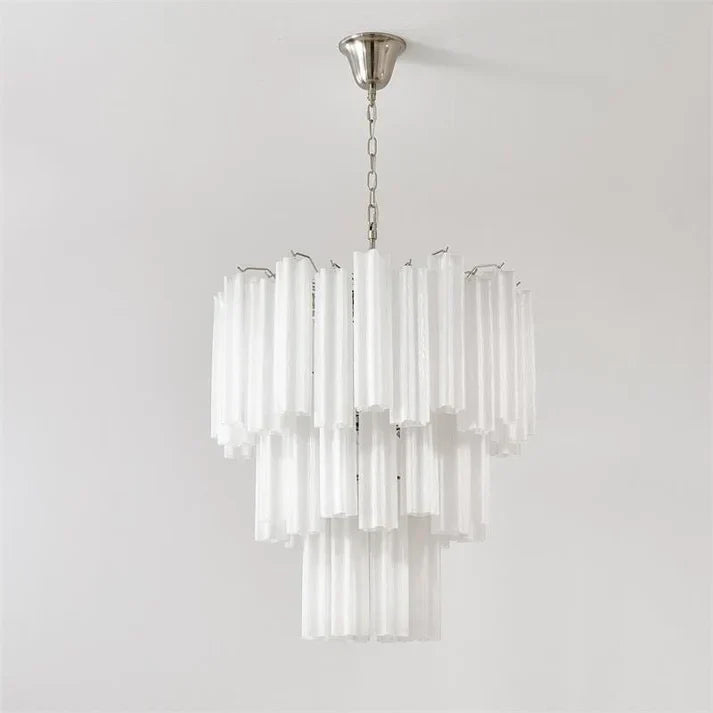 Opaline Fluted Chandelier in glass for Dining Room by AUVIELIGHT, 3 Layers 11 hedas D 66cm x H 75cm / ∅ 26″ x H 29.5″ / Nickel color & White